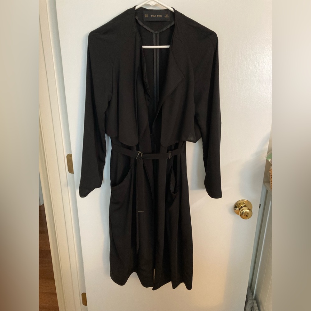 Zara Basic, black lightweight, long belted Jacket. Size XS